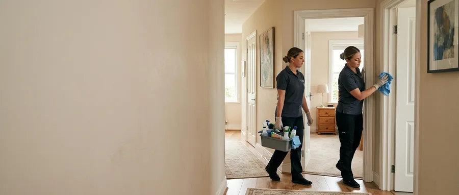 two cleaners working a hallway and doorway of an occupied home in daylight, one wiping a door frame and one moving toward the next room with a caddy